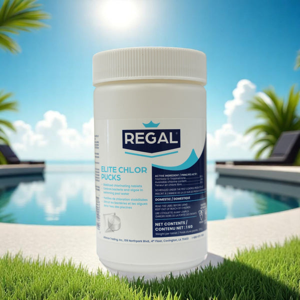 Regal Elite Chlor Pucks 1kg container – poolside sanitation